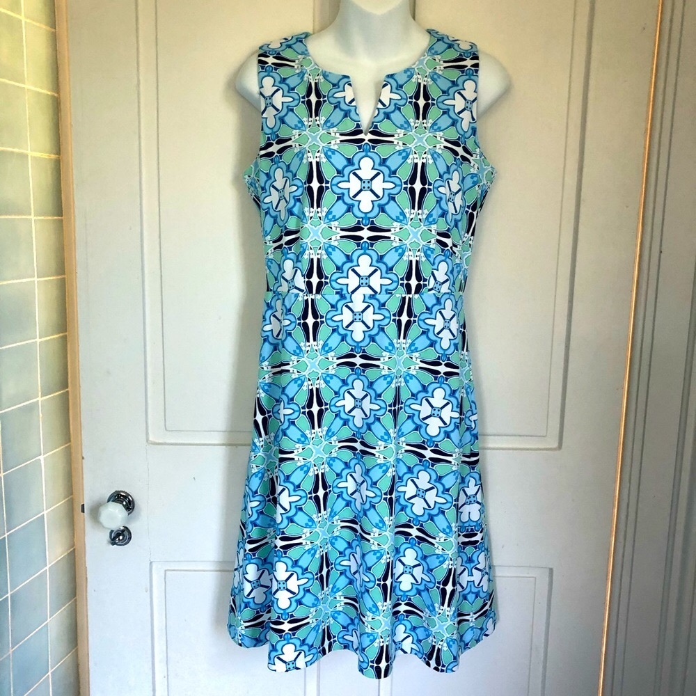 J.McLaughlin Catalina Cloth Blue Green Geo Print Sleeveless A-Line Dress S